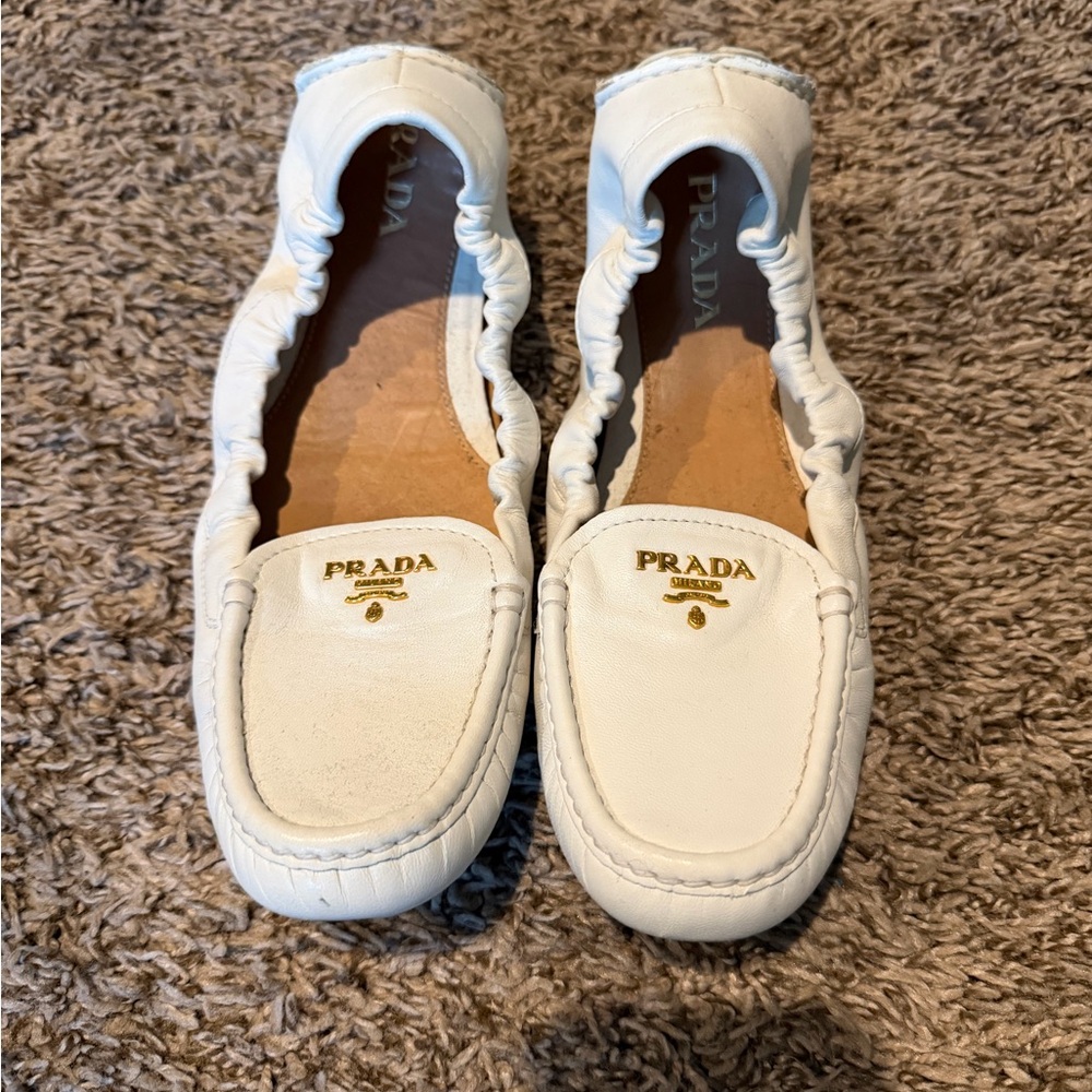 Prada Women's Cream Loafers with Gold Logo